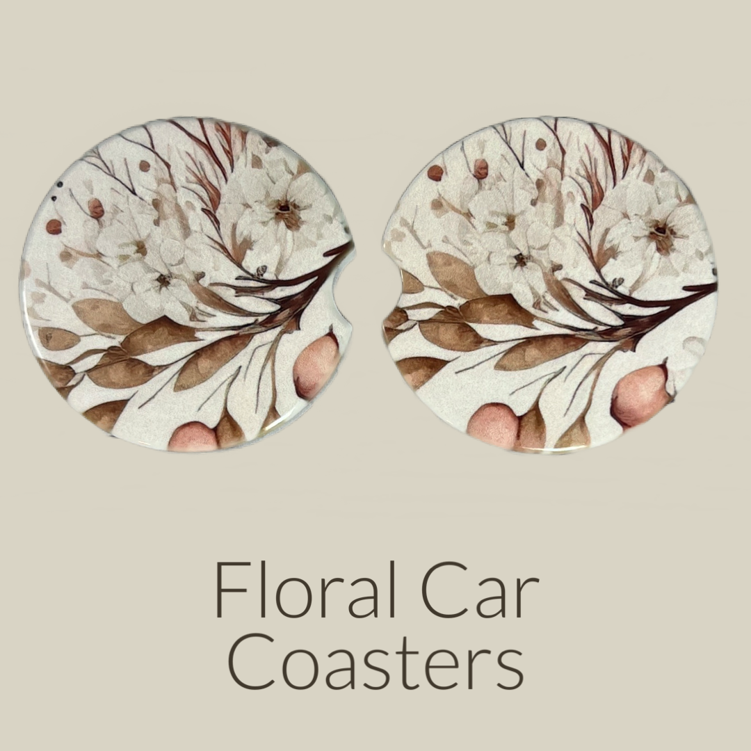 Ceramic car coaster set - Watercolor Neutral Floral