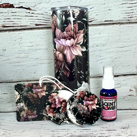 Mega Gift Set - Black Floral 20 oz Tumbler, pair of matching ceramic car coasters & air freshener