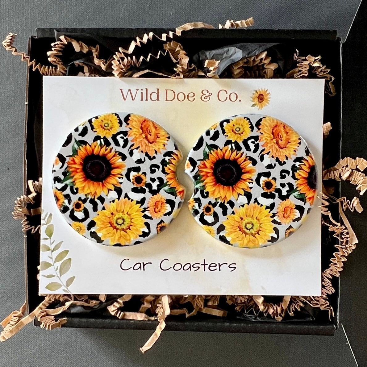 Ceramic car coaster set Black Leopard & Sunflowers